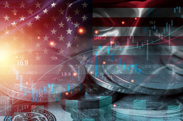 United States flag overlay with coins and financial chart showing economic growth in ,market volatility ,investment trend monetary, policy inflation risk and global finance impact concept.