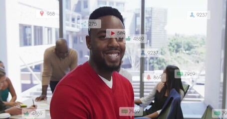 Animation of multiple notification bars over smiling african american man looking at camera - Powered by Adobe