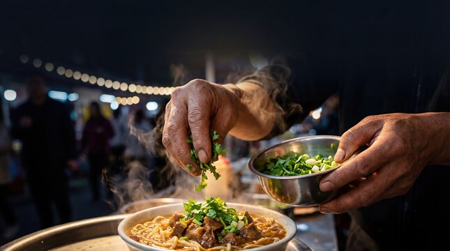 Chef adding fresh herbs to steaming noodle soup at night market stall Authentic street food preparation, culinary experience