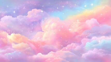 Fototapeta premium Magical pastel sky with sparkling stars and dreamy clouds.