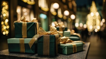 Luxurious green and gold wrapped gifts on festive city night street.