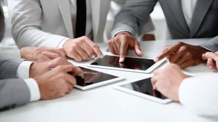 Creative team collaborating over digital tablets to negotiate film streaming agreements focusing on exclusivity and distribution terms.