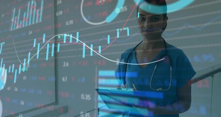 Animation of data processing over caucasian female doctor - Powered by Adobe