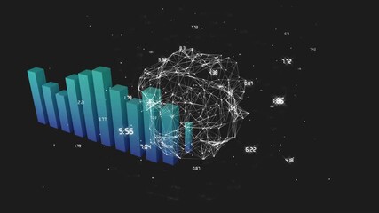 Animation of network of connections with globe and statistics data processing over black background - Powered by Adobe