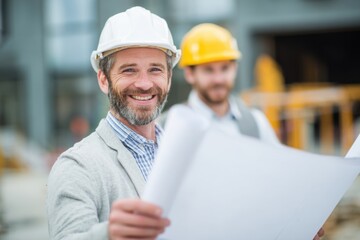 Happy architect holds blueprints on a construction site while discussing project details with a colleague during the day in a lively urban setting