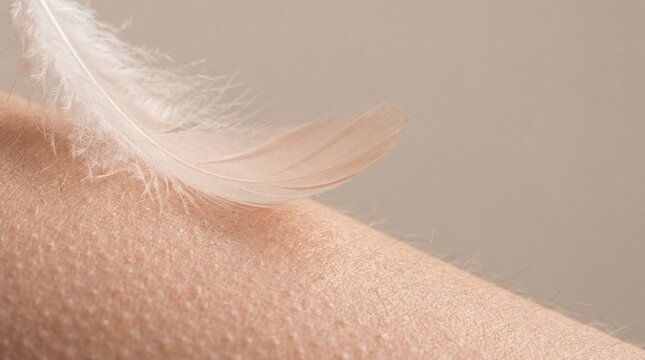 Feather on skin, delicate touch, gentle sensation, soft texture, light and airy feeling Closeup macro shot of a single white feather resting on human skin, evoking a sense of lightness, purity, and se