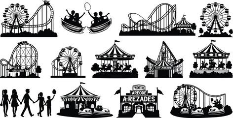 Black and white silhouette of a family walking and various amusement park rides including Ferris wheels roller coasters and carousels © Monir Worlds