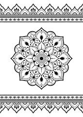 Set of mandala pattern and seamless border for Henna drawing and tattoo. Decoration in ethnic oriental mehndi, Indian style. Doodle ornament in black and white. Hand draw vector illustration.