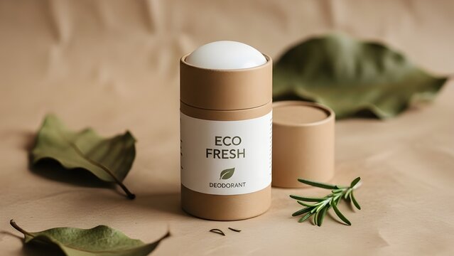 Natural "Eco Fresh" deodorant in plastic-free cardboard packaging, styled on brown paper with dried leaves and rosemary. Perfect for sustainable personal care and zero-waste lifestyles.