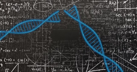 DNA strand and mathematical equations, scientific data processing - Powered by Adobe