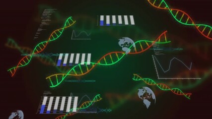 Analyzing DNA strands and global data charts, scientific research animation - Powered by Adobe