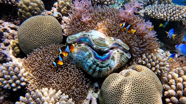 Tropical fish swimming in colorful coral aquarium