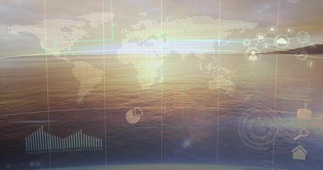 World map and data analytics animation over ocean at sunset - Powered by Adobe