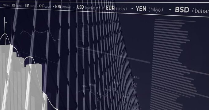 Glass skyscraper facade displaying line graphs and bar charts with currency tickers in flat design