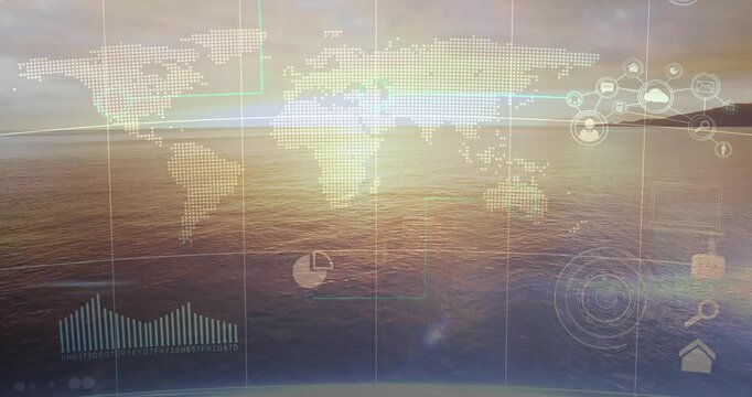 World map and data analytics animation over ocean at sunset