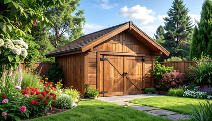 Charming wooden garden shed with gabled roof&mdash;surrounded by vibrant flowers, shrubs, and trees on sunny day.
