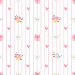 Valentine seamless pattern with pink hearts, roses, and ribbons, sweet pastel floral background for romantic gift wrapping and wallpaper.