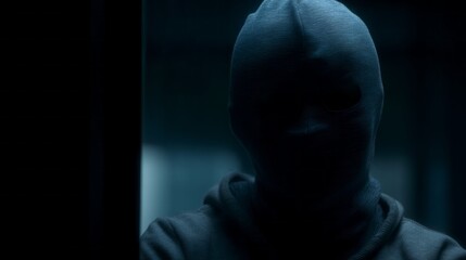 A shadowy figure dressed in a gray mask and hoodie looms in a dark corner, creating an atmosphere of suspense and intrigue in the stillness of night