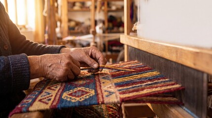Senior woman hands weaving colorful textile on loom, traditional craft, heritage skill, warm indoor light