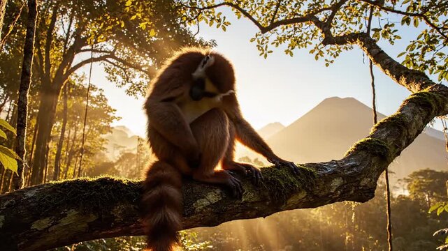 A brown lemur perched on a tree branch, bathed in golden sunlight, with a mountain in the background.