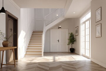 Obraz premium Sunlight streams into a spacious, modern home interior with a grand staircase.