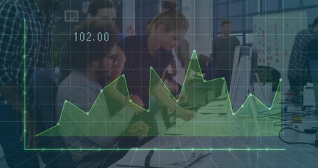 Coworkers at desk reacting to green line graph overlay appearing, collaborating on finance project - Powered by Adobe