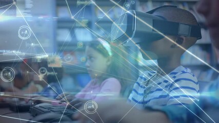 Six students placing VR headsets in library starting education VR class with animated data overlays - Powered by Adobe