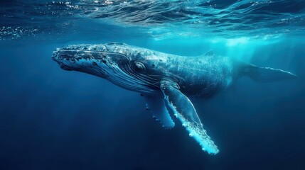 Naklejka premium Majestic humpback whale swimming gracefully underwater in ocean.