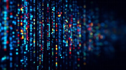 Colorful digital data streams flow in abstract dark cyberspace.
