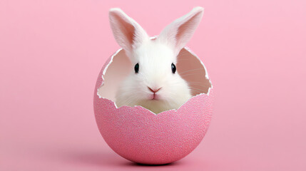 bunny peeks from cracked pink eggshell, AI generated