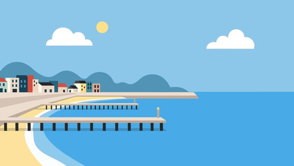 Coastal Town Illustration: An inviting seaside scene unfolds, featuring a picturesque coastal town with a charming promenade, where tranquility meets the vast expanse of the open water.