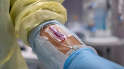 Medium shot of a biocompatible dialysis membrane in a clinical setting highlighting its seamless integration with human tissue for improved patient comfort.