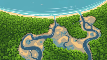 Coastal Stream Harmony: An aerial view captures the serene confluence of freshwater streams meeting the vast ocean, with the verdant embrace of the bordering forest.
