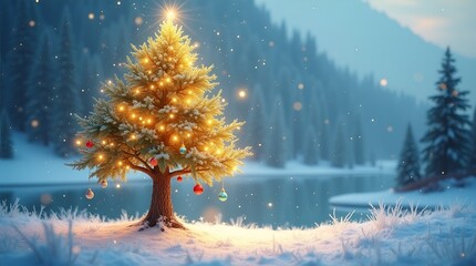 Enchanted winter tree illuminated with warm fairy lights, shimmering glow, floating bokeh orbs, festive Christmas artwork