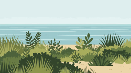 Coastal Breeze and Foliage: A serene coastal scene where lush green foliage, caressed by a gentle breeze, meets the tranquil sea under a clear sky.