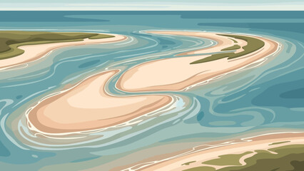 Coastal Sands and Serene Waters: An artistic depiction of sandy isles gracefully nestled within tranquil waters, inviting a sense of calm and wonder. 