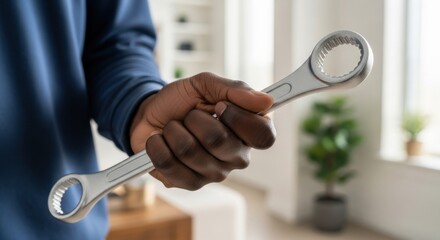 Skilled Black Hand Holding Wrench for Home Repair and Maintenance Services. Close-up shot emphasizing expertise and DIY tasks.
