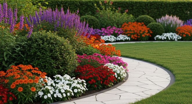 Professional garden design featuring colorful flowers framing a curved stone path and pristine lawn for superior home curb appeal.