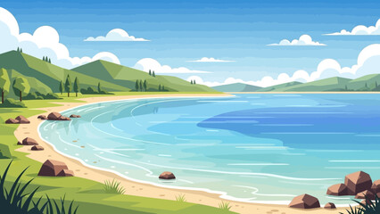 Serene Coastal Haven: Captivating scenery of a beach embracing the tranquil waters under a clear sky, embodying serenity and natural beauty.