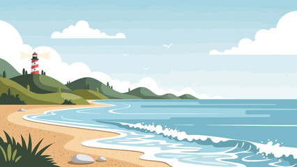 Coastal Beacon: A picturesque illustration captures the serenity of the coast, with a majestic lighthouse guiding ships safely along the water's edge, embraced by a gentle breeze and rolling hills.