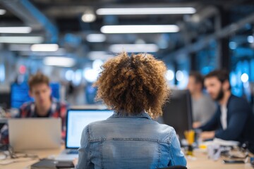 Female IT professional working at a modern office during the day, collaborating with colleagues in a dynamic tech environment