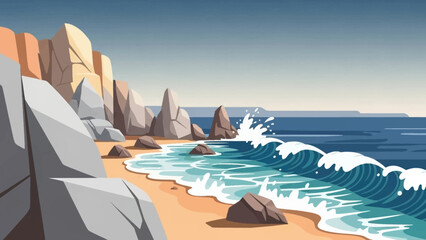 Coastal Tranquility: A serene vista of a sun-kissed beach where the rhythmic dance of ocean waves meets the rugged embrace of towering cliffs. A visual poem that captures the essence of a perfect day.
