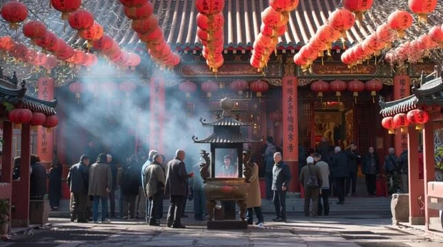 Cultural ceremony unfolds at a traditional Asian temple, where a gathering of devotees observes ancient rituals amidst the glow of festive red lanterns and aromatic incense smoke