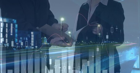 Animation of financial data over midsection of caucasian businesspeople and road traffic - Powered by Adobe