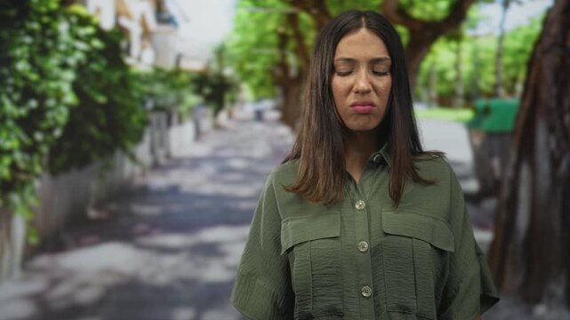 Hispanic woman grimaces, face and closed eyes shown in medium portrait on a sunlit street with trees and pavement; disgust unease.