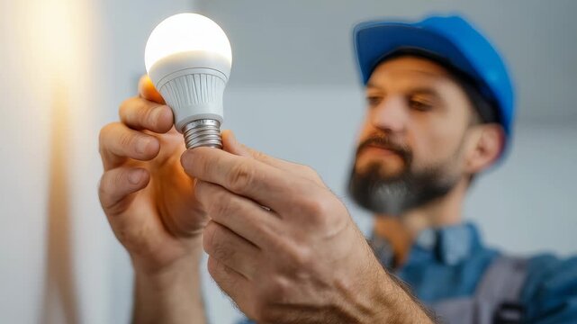 Electrician in blue uniform and helmet installing modern LED light bulb in a home interior. Focused professional carefully screwing energy efficient bulb into a lamp socket