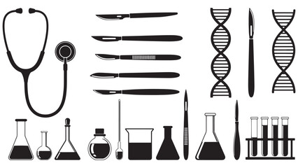 Professional medical and laboratory science research equipment icon set featuring DNA helix stethoscope scalpels and chemical beakers for healthcare business branding.