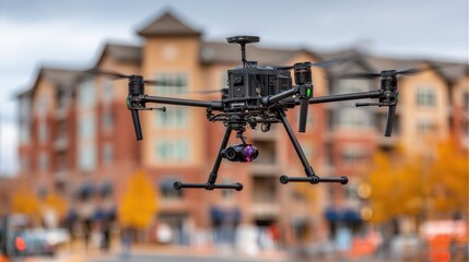 Medium shot of a surveillance drone flying over an urban area capturing realtime footage for prerepossession property scouting.