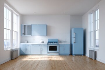 Bright kitchen with pastel blue cabinets and appliances.