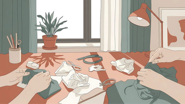 Hands sewing fabric on a messy desk with tools and a potted plant